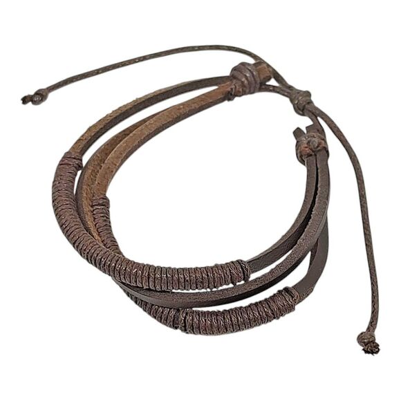 Faux Leather Slider Bracelet 6 Strands Dark Brown Cowboy Cowgirl 6.5" - 9.5" - Picture 1 of 8